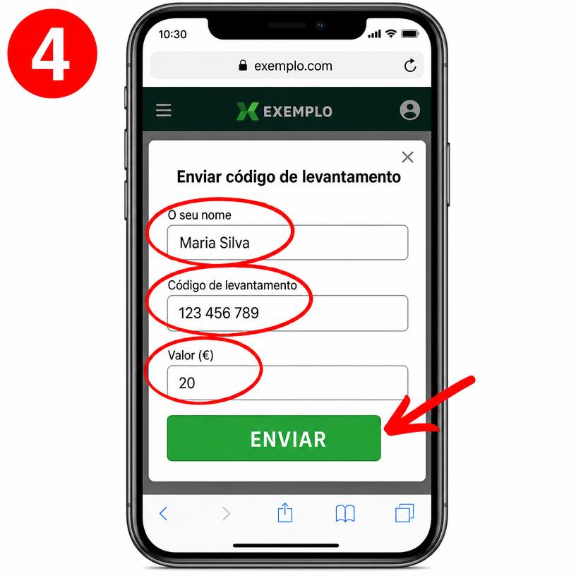 Passo 4: preencher o formulário do site com nome, código e valor